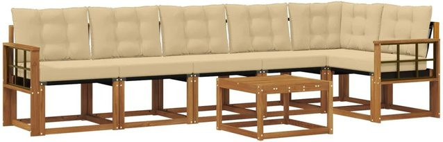 vidaXL Outdoor-Sofagarnitur 7-teilig aus Akazienholz und Textilene in Natur und Beige mit Kissen und Armlehnen - Bild 1