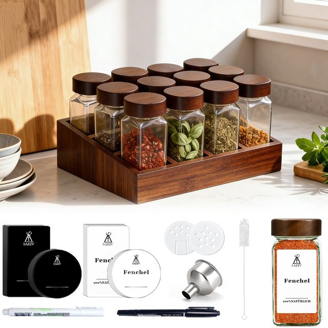 SAEIV Gewürzglas Set aus Glas mit Holzdeckeln und Aufbewahrungsregal aus Holz, luftdicht und auslaufsicher, transparent - Bild 1