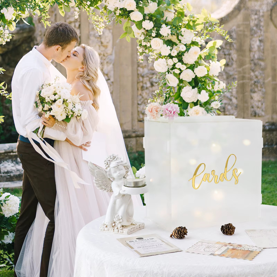 PartyWorld Hochzeitskartenbox aus Acryl in Weiß, mattierte Geschenkbox mit Lichterkette für die Hochzeit - Bild 3