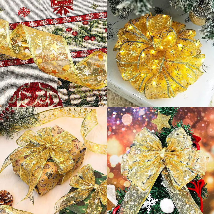 Glitzerndes Weihnachtsband in Gold mit Sternen-Motiv, 10 m Textilband mit Draht für Weihnachtsbaum, Kränze und Geschenkverpackungen - Bild 3