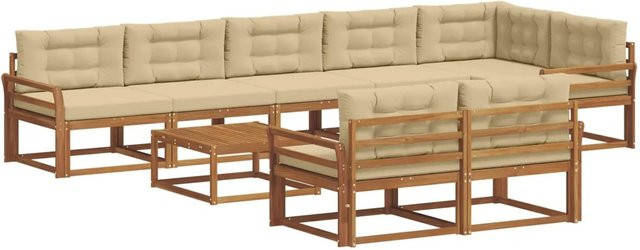 vidaXL Outdoor-Sofagarnitur aus Akazienholz in L-Form, 9-teiliges Set mit Kissen in Beige und Natur - Bild 1