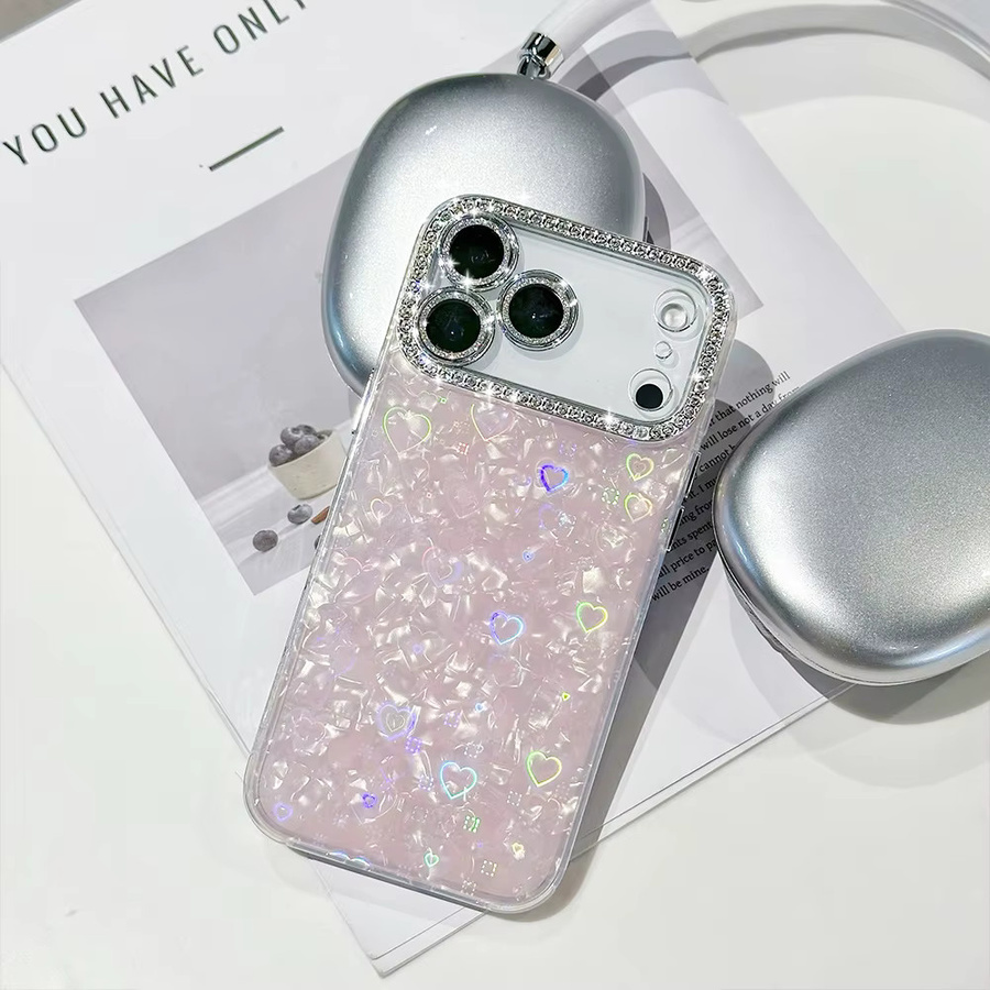 Caynes Holografische Herz-Silikon-Handyhülle für iPhone in Pink mit funkelndem Strass-Kamerarahmen - Bild 2