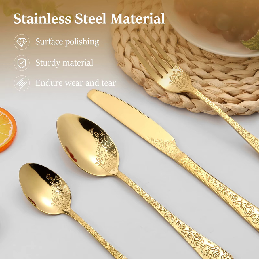 24-teiliges Besteckset aus poliertem Edelstahl mit Blumenmuster in Silber oder Gold, bestehend aus Messern, Gabeln und Löffeln - Bild 2