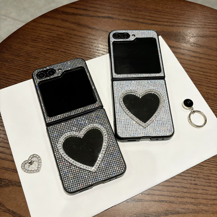 Glitzernde Handyhülle mit Gittermuster und Herz-Spiegel für Samsung Galaxy Z Flip (Modelle 3, 4, 5, 6, 7, 8, FE) in Schwarz - Bild 2