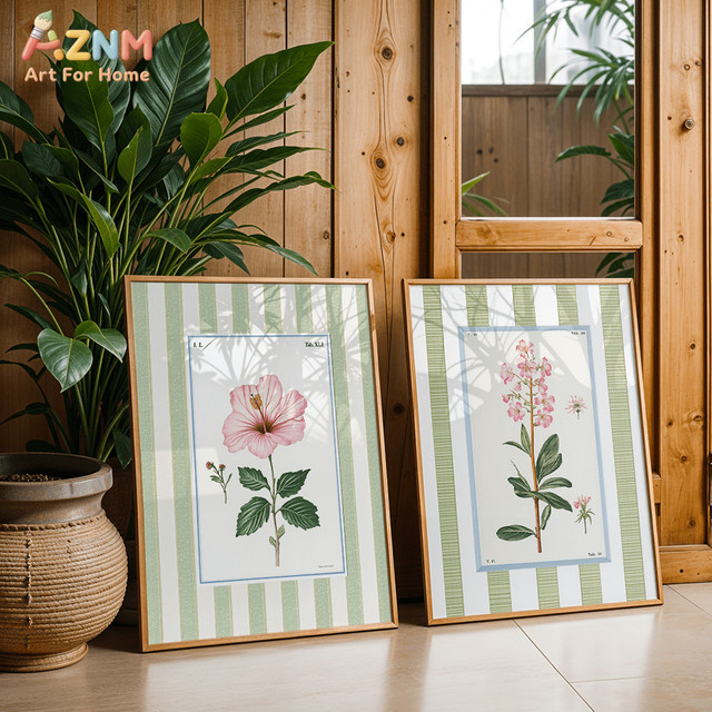AZNM Vintage Botanischer Blumendruck auf Leinwand, Grün Gestreift, Antike Blumenillustration Wandkunst im Retro Cottagecore Stil - Bild 1