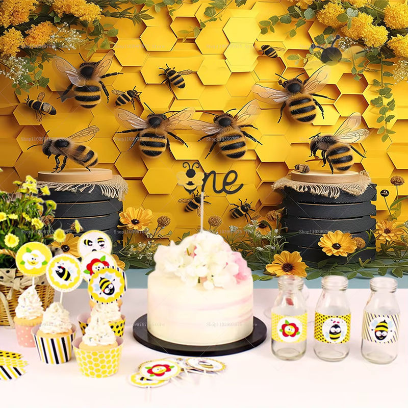 Baby Shower Fotohintergrund mit Süße Biene Motiv in Gelb aus Vinyl für Neugeborenen Porträts und Geburtstagspartys - Bild 3
