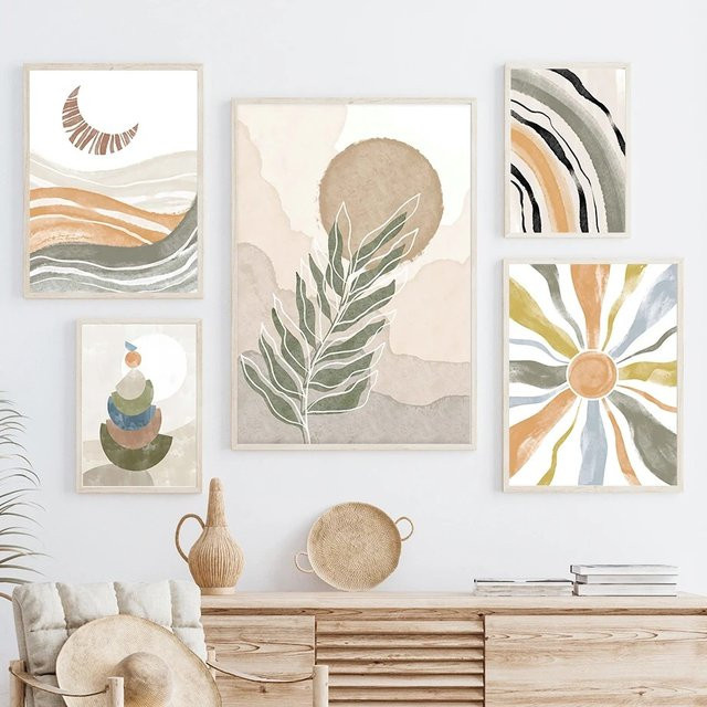 Potdemiel Wandkunst Leinwandgemälde Boho Abstrakte Landschaft mit Blumen und Blättern in Multicolor - Bild 1