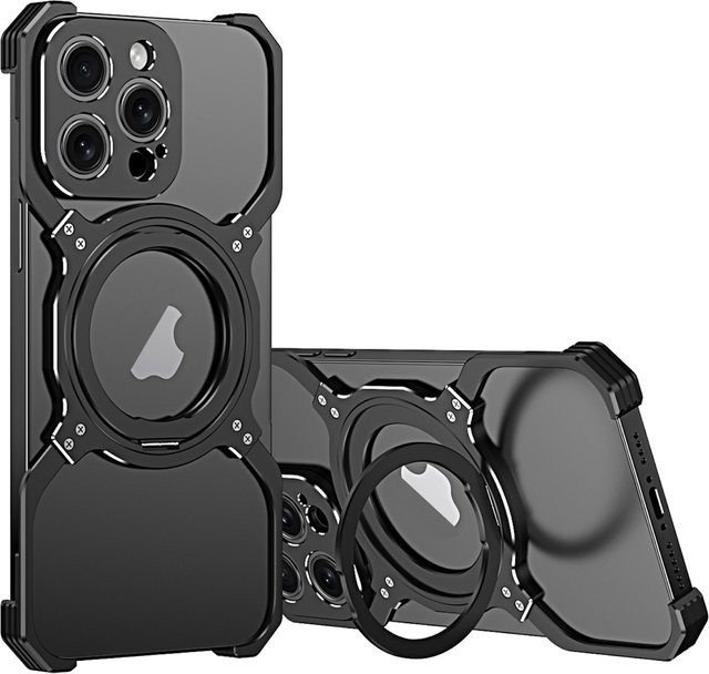 Apple iPhone 16 Pro Metall Hülle mit mechanischem MagSafe Halter und Kameraschutz in Schwarz - Bild 1