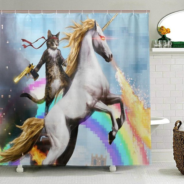 Baifenbai Home Furnishing Wasserdichter Duschvorhang mit Einhorn und Katze Motiv, Polyester, Mehrfarbig, B: 167 cm, H: 180 cm - Bild 1