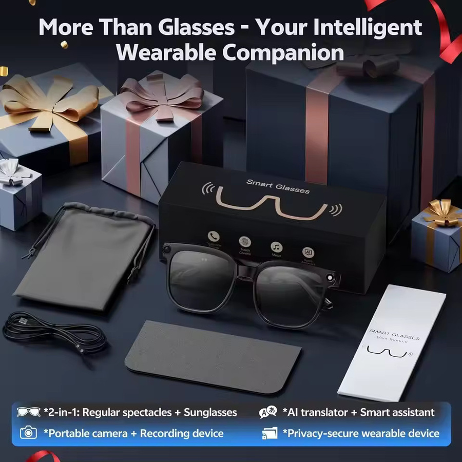 GUHUAVMI KI-Smart-Brille mit KI-Übersetzung, 4K-Aufnahme und 800W HD-Kamera, Schwarz - Bild 6