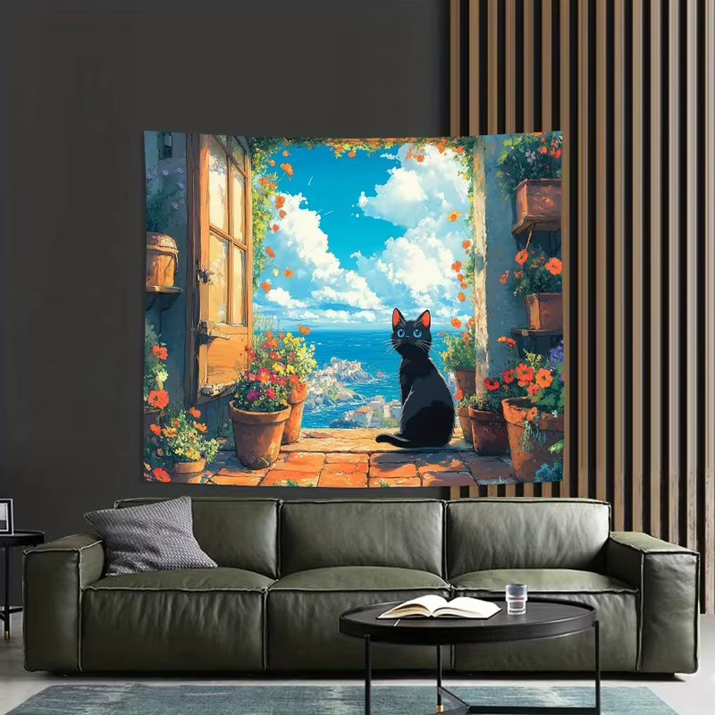 VIKAMA Wandteppich mit Katzenmotiv im Ölgemälde-Stil, Mehrfarbig, B/H: 70 x 70 cm - Bild 2