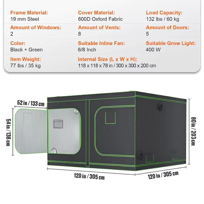 Growbox Indoor-Grow-Zelt aus schwarzem 600D Oxford-Gewebe mit 19 mm Stahlrahmen, B/T/H: 305 x 305 x 203 cm - Bild 7