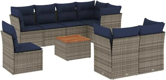 vidaXL 9-teilige Garten-Sofagarnitur aus Poly-Rattan und Akazienholz in Grau mit Kissen - Bild 1