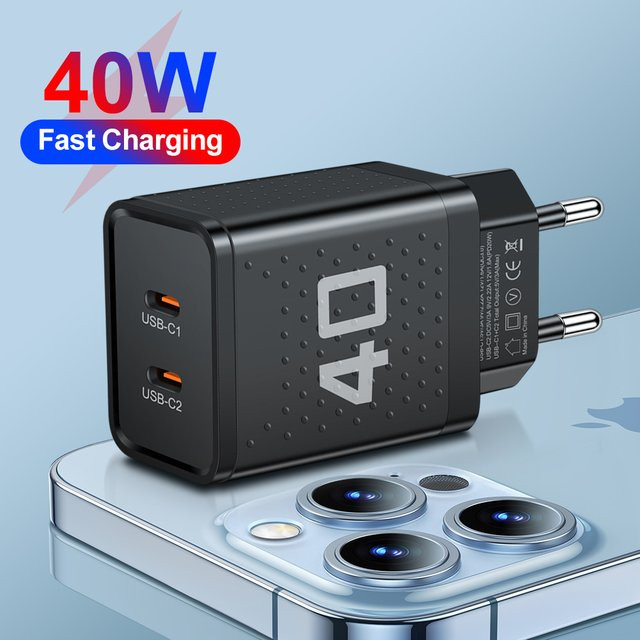 GUSEYEE USB C Schnellladegerät mit 2 Ports und 40 W PD Quick Charge QC 3.0 Adapter in Schwarz - Bild 1