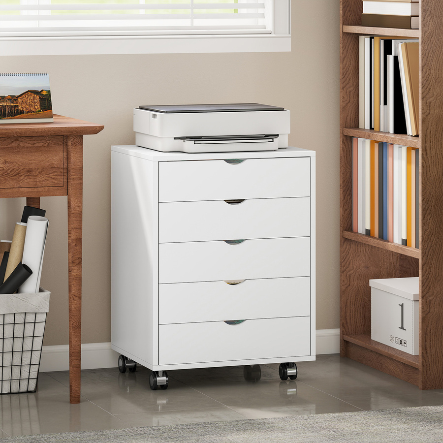 HOMCOM Schubladenschrank für Büro mit 5 Schubladen, Rollen und Feststellbremse, Weiß, B/T/H: 50 x 40 x 67,5 cm - Bild 2
