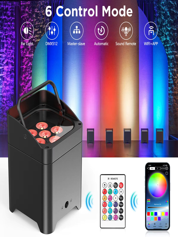 U'King 6in1 LED Bühnenlicht Set mit 4 Scheinwerfern, 6x18W RGBAW + UV, DMX, WiFi und Fernbedienung inklusive Tasche für DJ, Bar und Party - Bild 7
