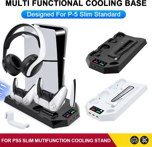 Hayoumon 3-Modus Kühlventilator und Ladestation für PS5 Slim Disc und Digital Edition, Vertikalständer mit 2 Controller-Ladestationen, Farbe: Weiß - Bild 1