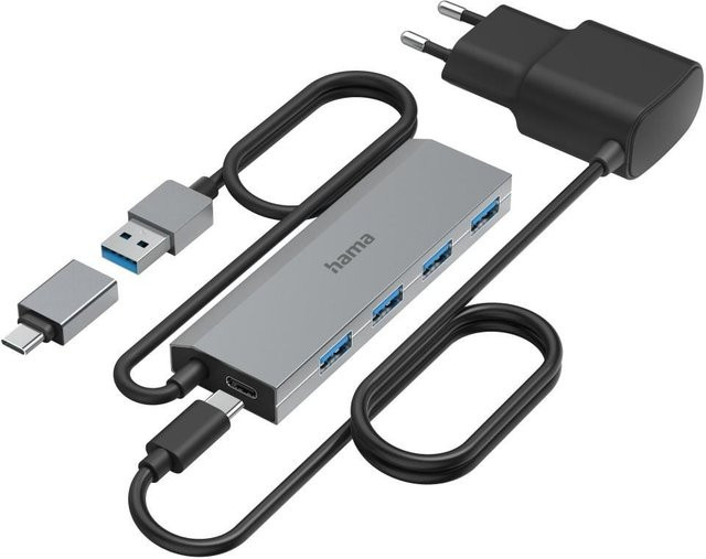 Hama USB-Hub mit 4 Ports USB 3.2 Gen1 5 Gbit/s inkl. USB-C-Adapter und Netzteil in Grau - Bild 1