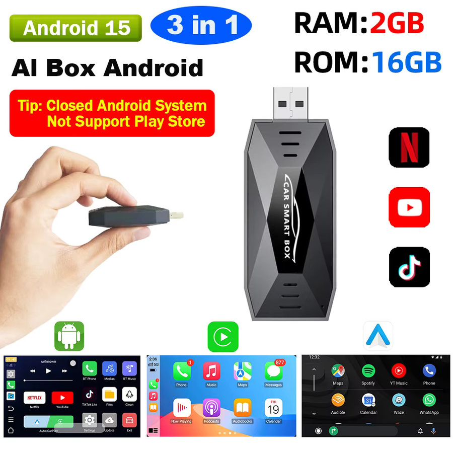 Grandnavi 3-in-1 AI Box mit Android 15, Wireless CarPlay und Android Auto USB-Adapter für YouTube und Netflix, Schwarz - Bild 7