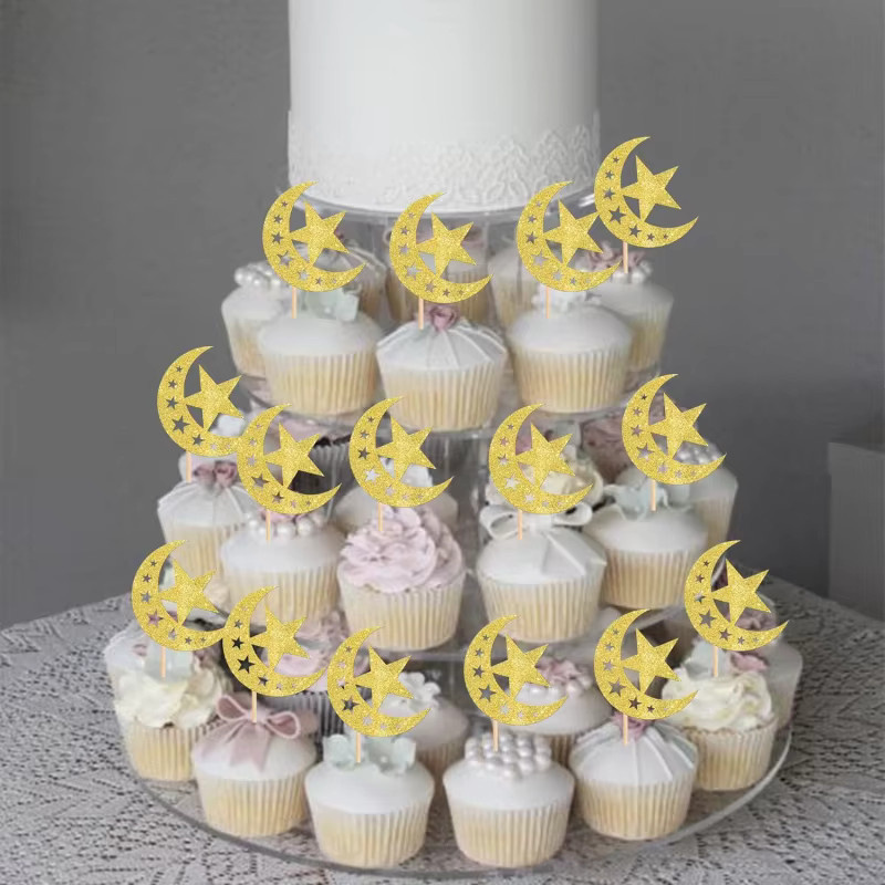12 Stück Cupcake Topper Mond und Stern in Gold für Eid Mubarak und Ramadan Kareem Party Dekoration - Bild 3
