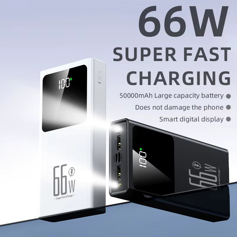 Powerbank mit 50000 mAh Kapazität und 66 W Schnellladefunktion in Weiß mit LED-Leistungsanzeige und Taschenlampe - Bild 2