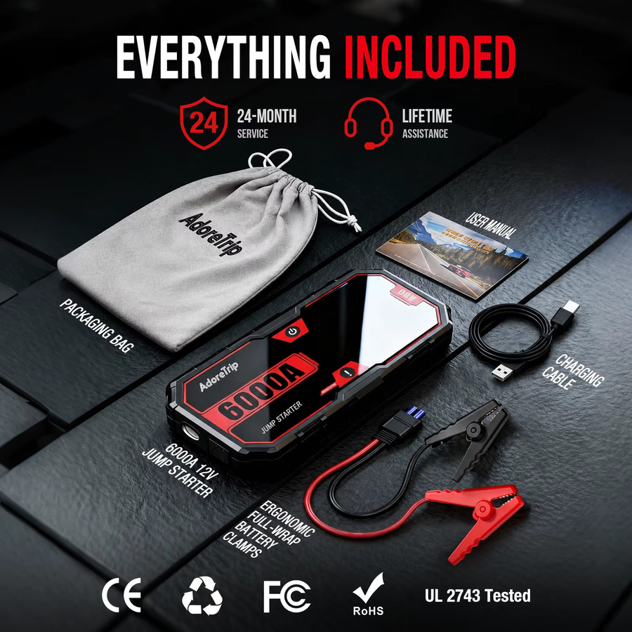 AdoreTrip Tragbares Auto-Starthilfegerät 6000A 12V Batterie-Booster Powerbank in Schwarz - Bild 4