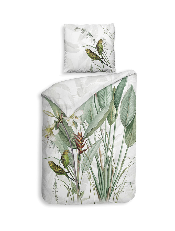Heckett & Lane Mako-Satin Bettwäsche Musa mit Wellensittich und Blättern, Farbe Weiß und Grün, B/H: 155 x 220 cm, inklusive Kissenbezug 80 x 80 cm - Bild 1