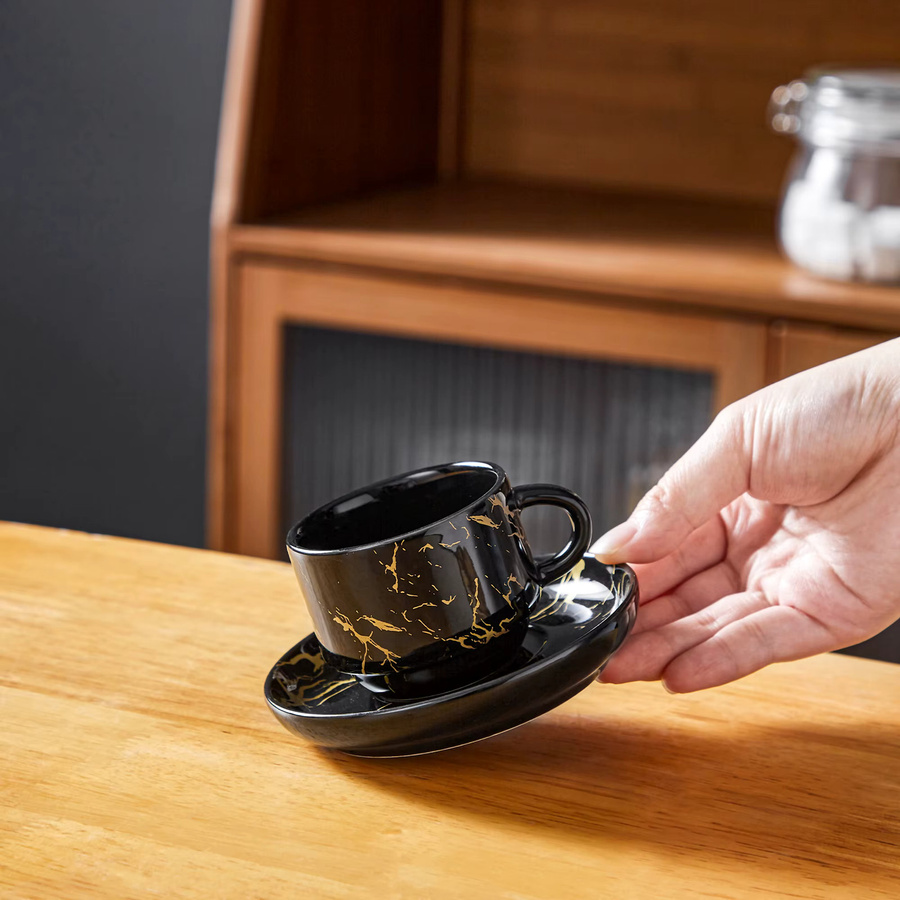 Malacasa Porzellan Tassenset in Schwarz-Weiß mit Untertassen und Metallständer für Cappuccino, Espresso und Latte, 6/12-teilig - Bild 6