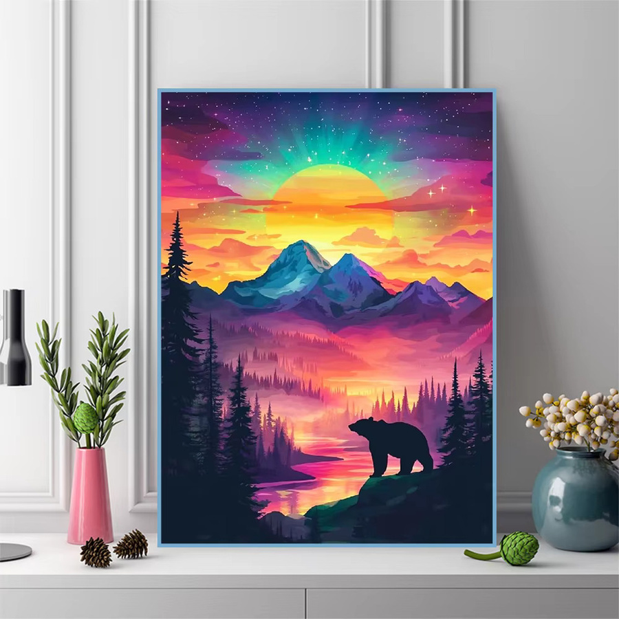 Momoart Diamant-Stickerei Berglandschaft mit Sonnenuntergang und Bär als DIY Diamant-Mosaik in Multicolour zur Wanddekoration - Bild 3