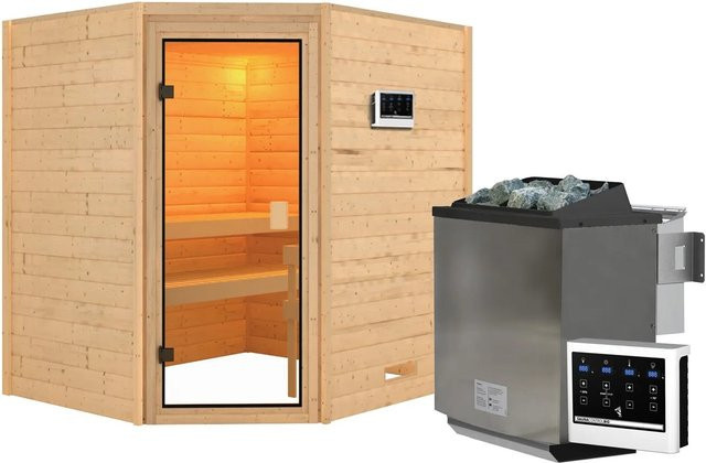 Karibu Sauna Elea Set Bio in Naturbelassen mit 9 kW Ofen und externer Steuerung, Braun - Bild 1