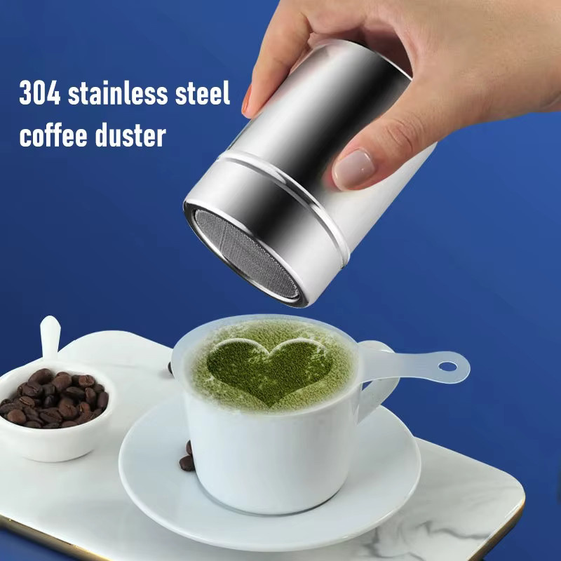 Edelstahl Schokoladen-Shaker und 16er Set Kaffee-Schablonen in Silber für Kakao, Mehl und Kaffee - Bild 3