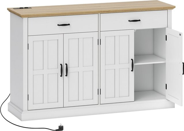 HOMCOM Sideboard mit USB-Anschluss und Mehrfachsteckdose in Weiß mit Scheunentüren, 2 Schränken, 2 Schubladen und verstellbaren Regalen, B/T/H: 140 x 40 x 91,5 cm - Bild 1