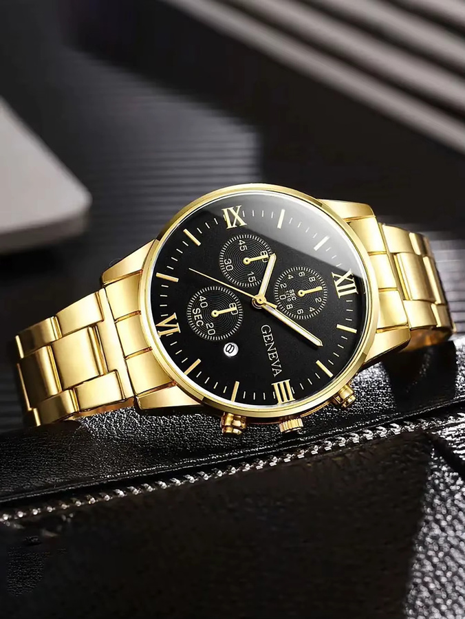 CMK Armbanduhr Quarz, Gold, Edelstahl, Schwarz, Herren, Datum - Bild 4