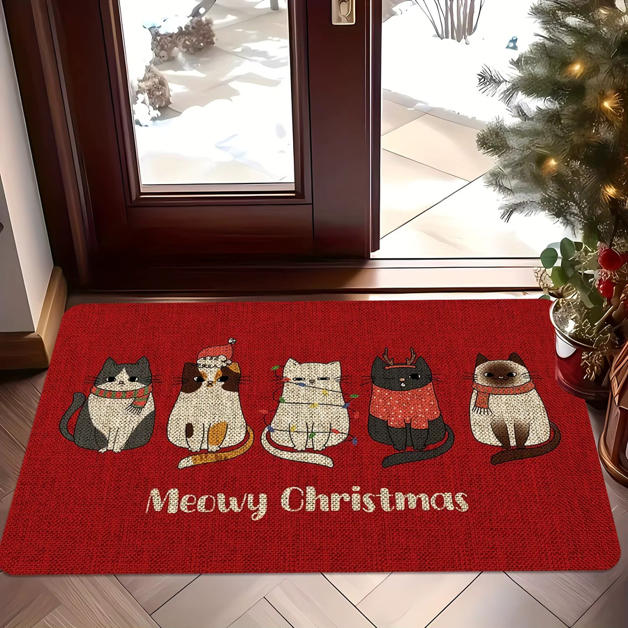 VIKAMA Weihnachtsteppich mit Cartoon-Katze in Rot, weicher Plüschteppich, rutschfest und saugfähig für Eingang, Küche oder Badezimmer - Bild 5