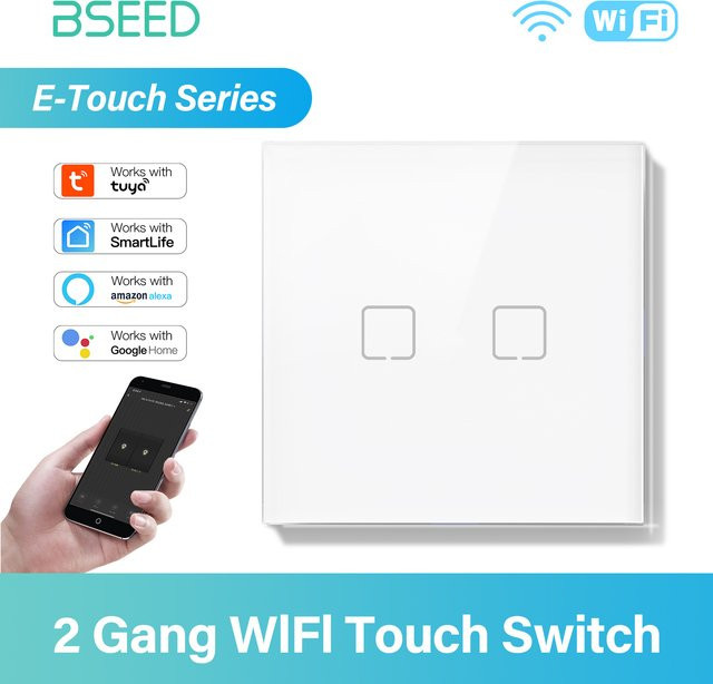 BSEED E-Serie WLAN Touch-Wandschalter mit gelber Hintergrundbeleuchtung, 10A, Weiß, kompatibel mit Tuya Smart Life und Alexa App-Steuerung - Bild 1