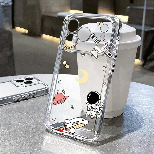 Transparente MOESOE Handyhülle mit Cartoon-Astronauten-Muster für iPhone 12 bis iPhone 17 Pro Max, stoßfeste TPU-Silikonhülle - Bild 1