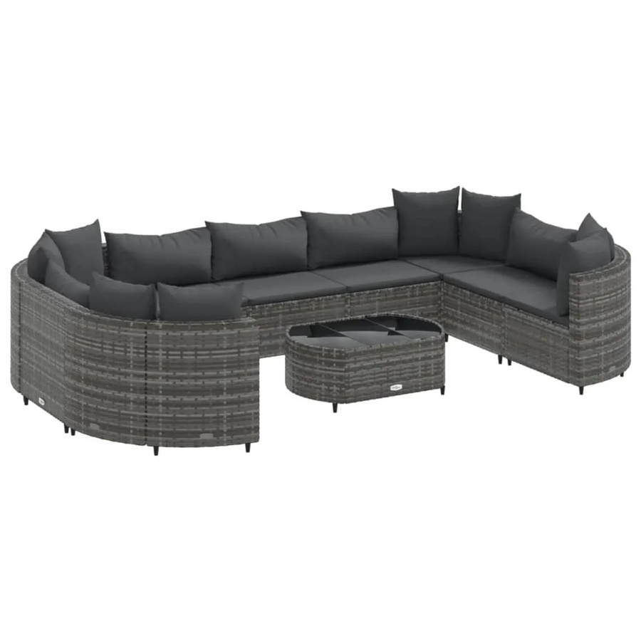 vidaXL 10-tlg Garten-Sofagarnitur in L-Form aus grauem Poly-Rattan mit Kissen und Couchtisch - Bild 2