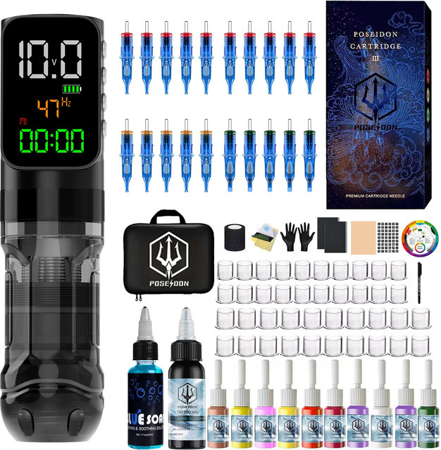 POSEIDON Tattoo-Set, Tattoo-Stift-Set, 20 Tattoo-Nadeln, kabelloses Tattoo-Gun-Set - Bild 1