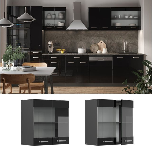 Vicco R-Line Glashängeschrank Küchenschrank mit 2 Glastüren in Anthrazit und Schwarz, B: 60 cm, H: 31 cm, T: 31 cm - Bild 1