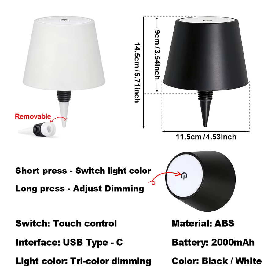 YNL Kabellose Weinflaschenlampe mit 3-Farben-Touch-Steuerung und stufenloser Dimmung, LED-Tischlampe für Bar, Café und Zuhause, B/T/H: 14,5 x 11,5 cm - Bild 5
