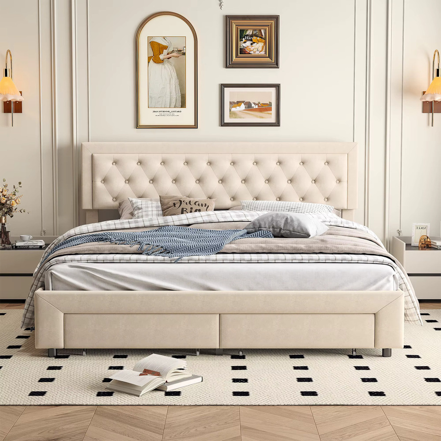 FEEOHOME Polsterbett Doppelbett in Beige mit Schubladen und Stauraum, Samt, B/T: 180 x 200 cm - Bild 5