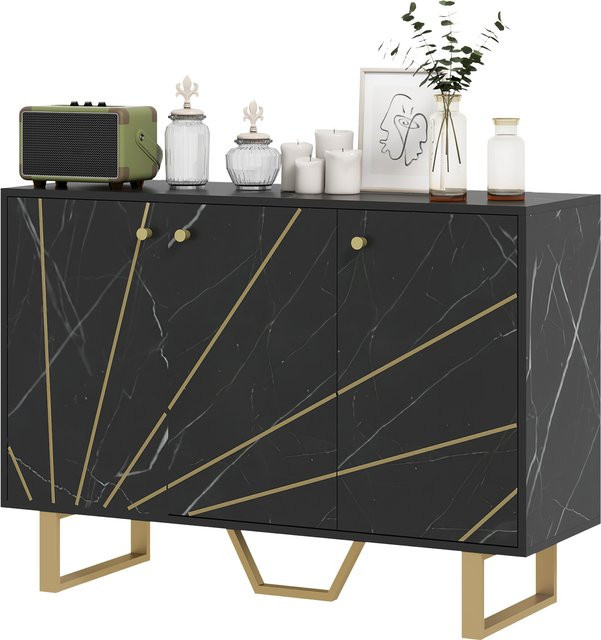 HOMCOM Sideboard Aufbewahrungsschrank für dein Wohnzimmer mit 3 Türen, 2 Schränken und verstellbaren Regalen in schwarzer Marmoroptik mit Gold- und Metallbeinen, B: 35 cm, T: 35 cm, H: 75 cm - Bild 1