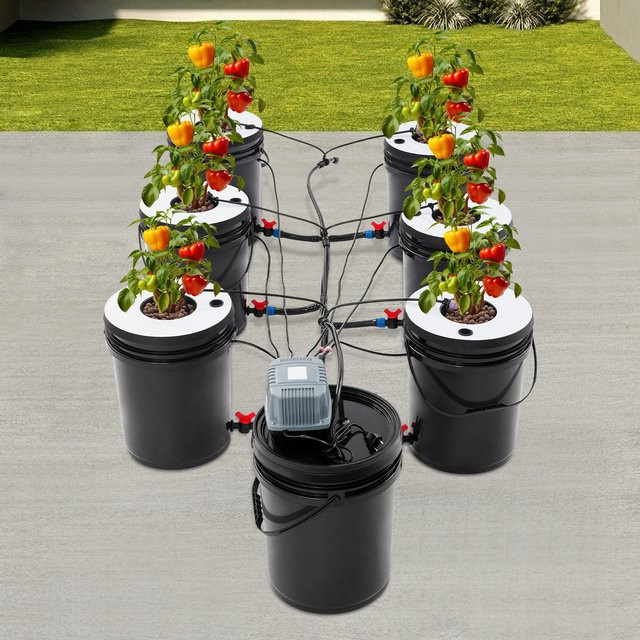 Bymaocar Hydroponisches Eimer-Set für Tiefwasserkultur in Schwarz mit 7 Pflanzeneimern à 20 l und Luftpumpe für den Anbau von Erdbeeren und Salat - Bild 1