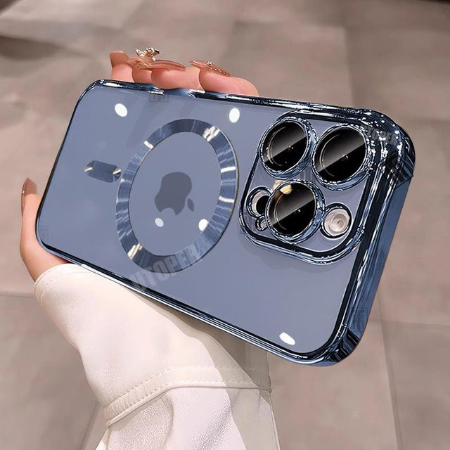 Yiran MagSafe Handyhülle aus TPU mit Galvanisierung und Linsenfolie für iPhone 16 15 14 13 12 11 Pro Max Plus, transparent oder blau - Bild 1