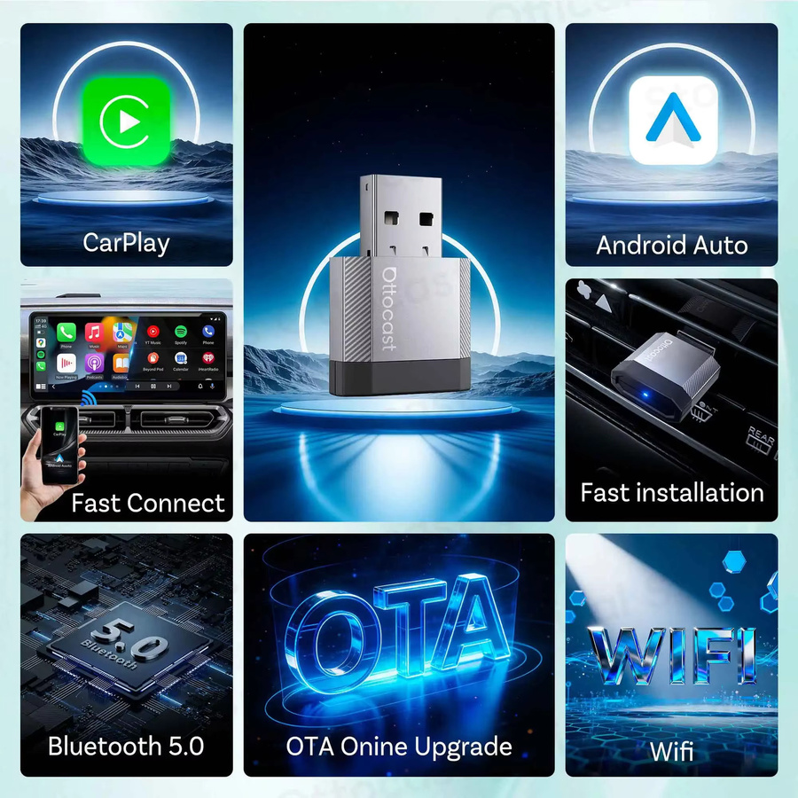 Ottocast Mini Nova Kabelloser Adapter für CarPlay und Android Auto mit Bluetooth, Wi-Fi und USB Dongle Cube 3.0 - Bild 2