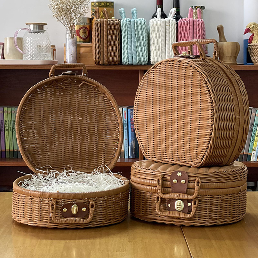 OutsideWorld Aufbewahrungskorb aus Weidenimitat in Braun, runder Rattan Koffer mit Griff für Wohnzimmer und Picknick - Bild 3
