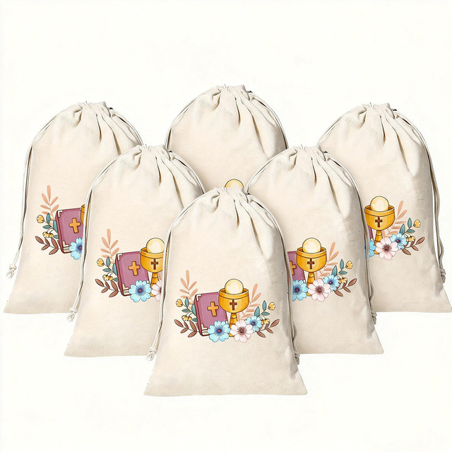 5 Stück beige textile Bibel-Gebets-Geschenktüten für Erstkommunion und religiöse Rituale - Bild 1