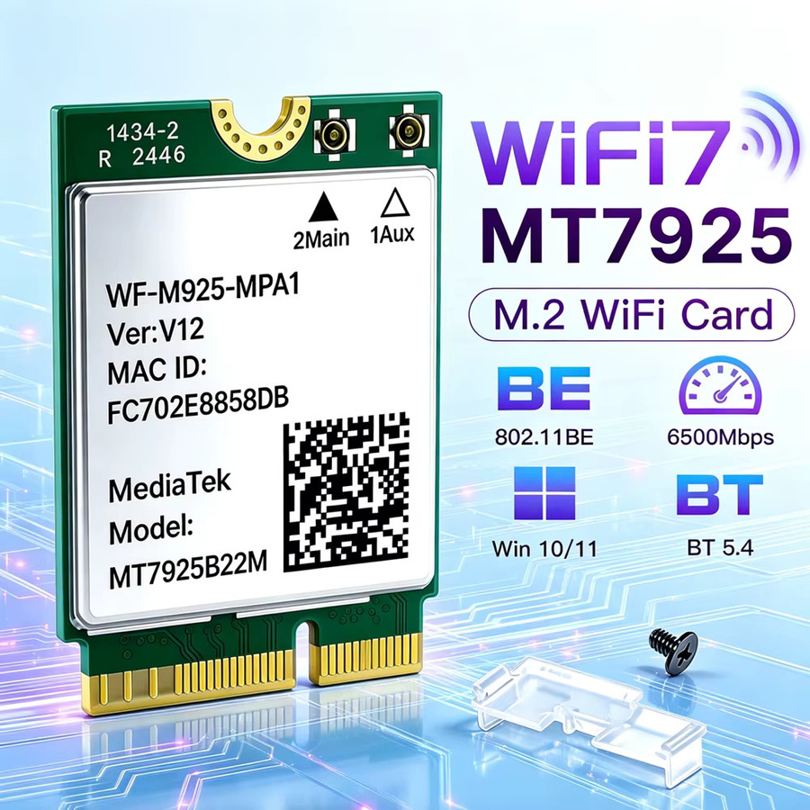DERAPID WiFi 7 MT7925 M.2 NGFF Wireless-Adapter Tri-Band 2,4G/5G/6GHz Bluetooth 5.4 Wireless-Karte mit Antennen-Kit für PC Windows 10/11 - Bild 2