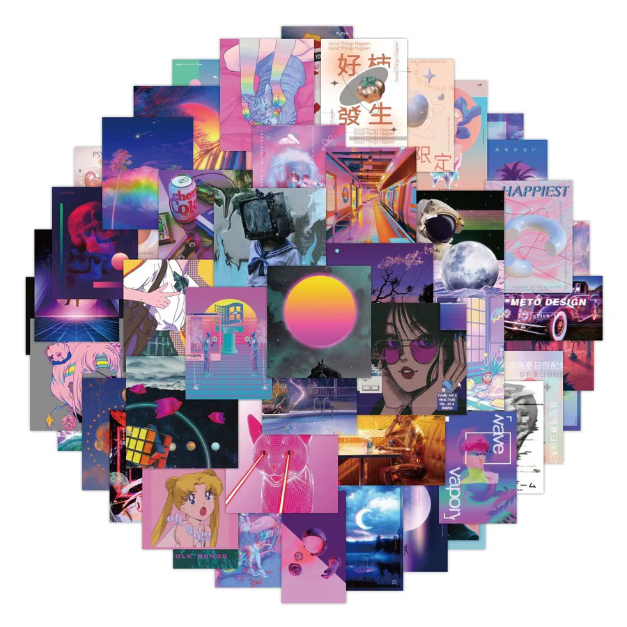 50-teiliges Set Vintage Vaporwave Aufkleber in Multicolour von Anime Worlds Store zur Dekoration von Notizbüchern, Handyhüllen und Rucksäcken - Bild 2