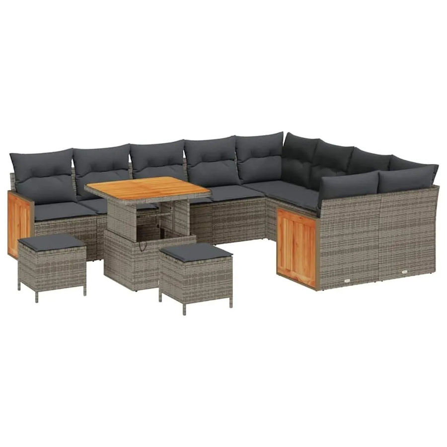 vidaXL Gartensofa-Set aus Poly-Rattan und Akazie in Grau mit 13-teiligem Polster-Set und Tisch in U-Form - Bild 2